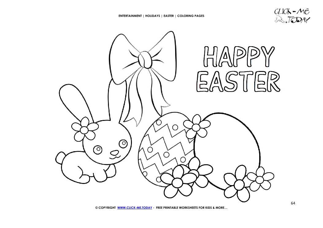 Easter Coloring Page: 64 Bow and Happy Easter bunny with eggs & flowers